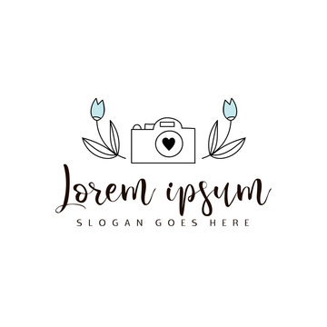 Logo template with camera and tulips. Premade logotypes for entrepreneurs. Vector logo design