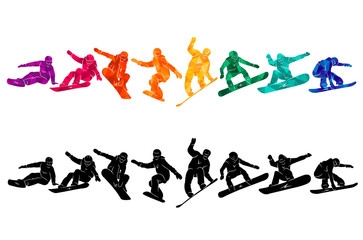 Snowboard, snowboarders, snowboarding extreme winter sport people silhouettes vector illustration, riding a board, tricks