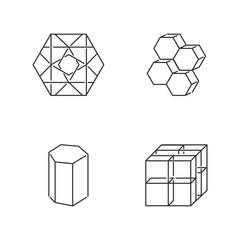 Geometric figures linear icons set. Hexagon, combs. Prism model. Cube with grid. Abstract shapes. Isometric forms. Thin line contour symbols. Isolated vector outline illustrations. Editable stroke