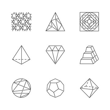Geometric figures linear icons set. Abstract shapes. Isometric forms. Polygonal triangle. Prism model. Double pyramid. Thin line contour symbols. Isolated vector outline illustrations. Editable stroke
