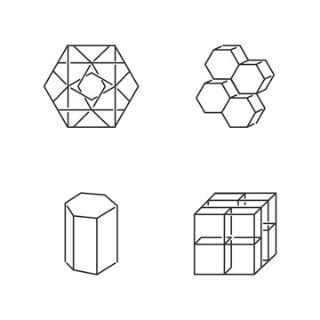 Geometric Figures Linear Icons Set. Hexagon, Combs. Prism Model. Cube With Grid. Abstract Shapes. Isometric Forms. Thin Line Contour Symbols. Isolated Vector Outline Illustrations. Editable Stroke