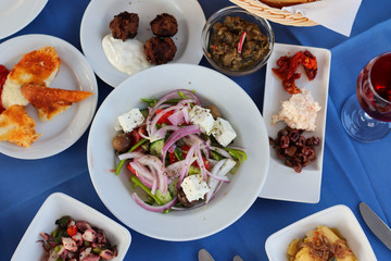 Greek dinner, wine, food, snacks