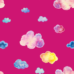 A bright watercolor seamless pattern of clouds.