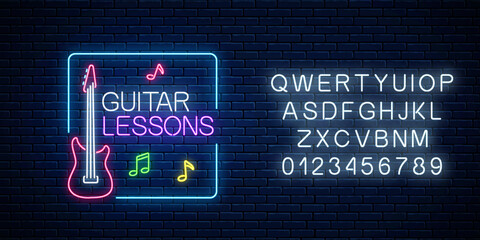 Guitar lessons glowing neon poster or banner template with alphabet. Guitar training advertising flyer in neon style