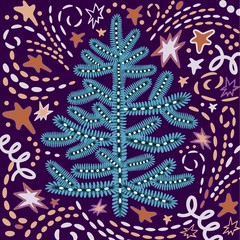 Hand draw christmas tree on bright ornamental background. Doodling style.New Year flat design for greeting card ,gift package, clipart, celebration invitation, postcard, banner, poster, wrapping.