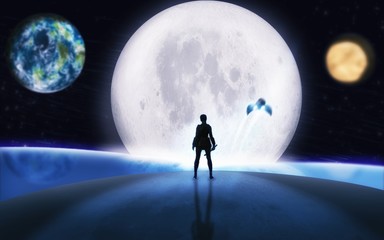 Fototapeta na wymiar Sci fi fantasy astronaut left alone by her crew on foreign icy planet. Farewell concept. Full moon with reflection, hero illustration. Space and technology artwork