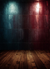 abstract interior room with colored spot lights and wooden floor.