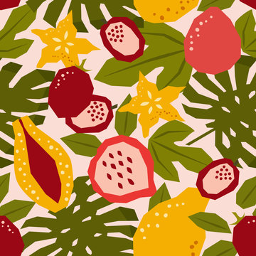 Exotic fruit pattern. Seamless pattern with stylized tropical fruits in flat style. You can use for design wallpapers, on textile, fabric, packaging, wrapping paper and tiles. Vector illustration