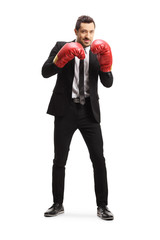 Businessman wearing boxing gloves