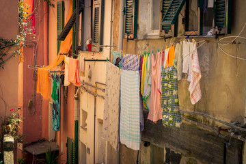 Laundry drying on the rope in Vernazza, Cinque Terre, Liguria, Italy