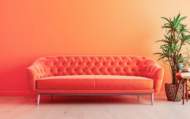 Vivid living room lush lava interior wall mock up with bright orange sofa, empty wall with free space above on top, 3D render, 3D illustration