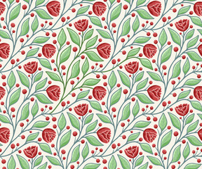 Rose flowers and leaves vines, seamless vector pattern, in red and green on light background