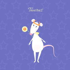 Funny and cute cartoon vector zodiac sign with rat. The Bull (Taurus). White mouse with heart shaped nose is holding flower in a mouth. bulls horns  in its head and bell in its neck. Purple background
