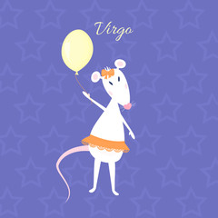 Funny and cute cartoon vector zodiac sign with Rat. The Maiden (Virgo). White mouse with heart shaped nose in a orange skirt (ballet tutu) and bow is holding yellow balloon. Purple starry background