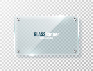 Glass frame with metal holder. Realistic transparent glass banner with glare. Mockup design element. Vector illustration.