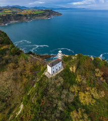 Getaria lighthouse in Gipuzkoa, Basque country - drone aerial view