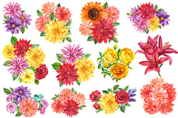 set of flowers bouquets, watercolor illustration, botanical painting, floral design, large collection of dahlias, sunflowers, carnations, lilies, red anemone, yellow roses, lavender