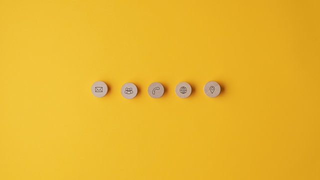 Five Wooden Cut Circles With Contact And Information Icons