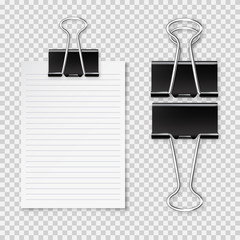 Realistic blank paper sheet with shadow in A4 format and black paper clip, binder isolated on checkered background. Design template or mockup. Vector illustration.