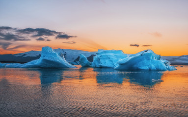 Blue icebergs floating in the jokulsarlon lagoon in Iceland in the september 2019