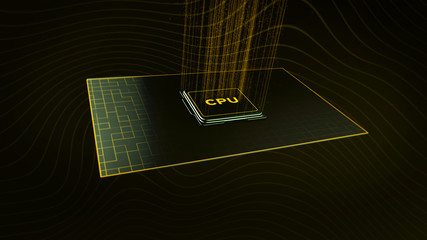3D render CPU chip on plane. Computer Technology concept with moving data electrons on orange turbulence lines background.