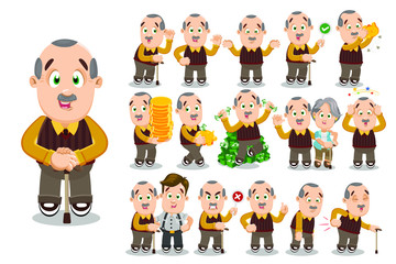 Big vector cartoon collection set of aged grandfather in different poses. Such as showing thumb up, having health problems, holding piggy bank, pile of coins, permissive and prohibited signs, 