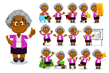 Big vector cartoon set with afro-american aged lady who looking through spyglass, reading book, making presentation, knitting, keeping money, piggy bank, showing helpless gesture, running, is upset.