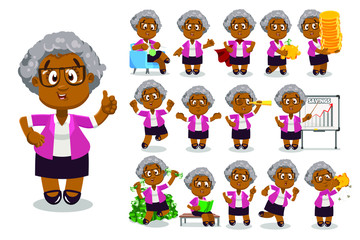 Big vector cartoon set with afro-american aged lady who looking through spyglass, reading book, making presentation, knitting, keeping money, piggy bank, showing helpless gesture, running, is upset.