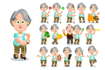 Obraz na płótnie Canvas Big vector cartoon set with silver haired aged woman who using device, keeping piggy bank, steering wheel, money, prohibited and permissive signs, speaking by smartphone, jumping for joy.
