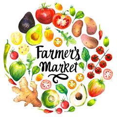 Watercolor illustration with round composition of farm vegetables. Set of different vegetables: tomato, potato, avocado, ginger, pepper, turnips, arugula, spinach. Fresh organic food.