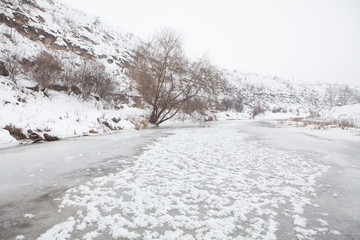 frozen pond and snowy hills scenery 