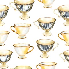 Arrière-plan transparent. Modèle de thé sur blanc. Illustration aquarelle de tasses drôles. Éléments décoratifs avec boissons chaudes traditionnelles pour la conception de votre emballage. Décor multicolore.