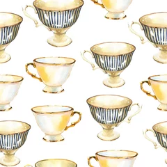 Tapeten Tee Nahtloser Hintergrund. Teepartymuster auf Weiß. Aquarellillustration von lustigen Tassen. Dekorative Elemente mit traditionellen Heißgetränken für Ihr Verpackungsdesign. Mehrfarbiges Dekor.