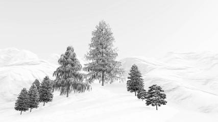 Obraz premium Tree in Snow Weather, Winter Background, 3D Rendering