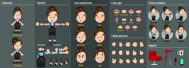 Cartoon hairdresser woman constructor for animation. Parts of body: legs, arms, face emotions, hands gestures, lips sync. Full length, front, three quarter view. Set of ready to use poses, objects