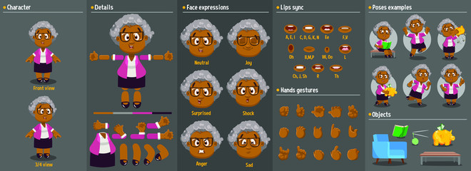 Cartoon afro-american old woman constructor for animation. Parts of body: legs, arms, face emotions, hands gestures, lips sync. Full length, front, three quarter view. Set of ready to use poses,object