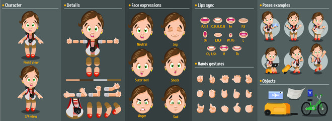 Cartoon tourist girl constructor for animation. Parts of body: legs, arms, face emotions, hands gestures, lips sync. Full length, front, three quarter view. Set of ready to use poses, objects