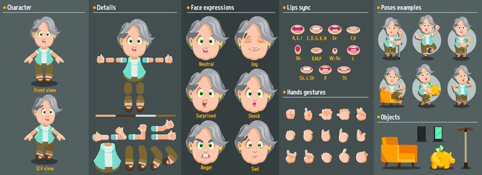 Cartoon elderly woman constructor for animation. Parts of body: legs, arms, face emotions, hands gestures, lips sync. Full length, front, three quarter view. Set of ready to use poses, objects