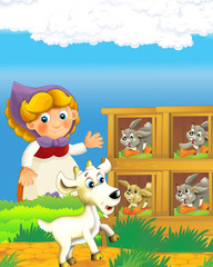 cartoon scene with happy farmer woman on the farm ranch illustration for the children
