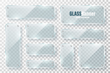 Glass frames with metal holder collection. Realistic transparent glass banner with glare. Mockup design element. Vector illustration.