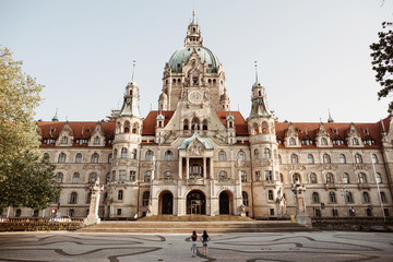 The huge and beautiful building of the Hanover City Hall (Neues Rathaus Hannover) in the evening...
