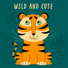 Hand drawn vector illustration of a cute funny cartoon tiger, with handwritten text "wild and cute". Dark green background with doodles. Concept for children print.