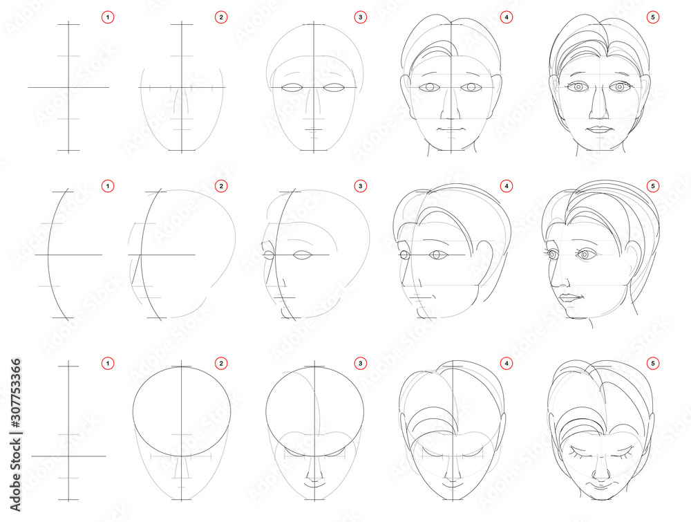 Wall mural how to draw sketch of human head in different positions. creation step by step pencil drawing. educa