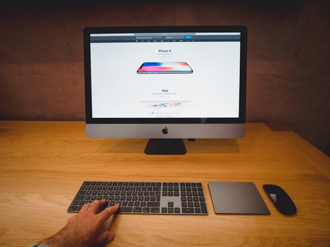 STRASBOURG, FRANCE - JAN 11, 2018: Front view of new black iMac Pro the all-in-one personal computer in Apple Computers Store. Apple claims the iMac Pro is the most powerful workstation 