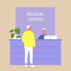 Medical center reception desk, young male character waiting for a doctor appointment, healthcare and lifestyle