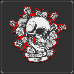Day of the dead skull emblem. Skull and roses. Skull tattoo, print design for t-shirt.