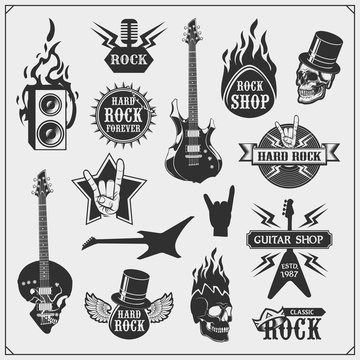 Rock'n'Roll and Hard Rock music emblems, symbols, labels and design elements. Print design for t-shirt.