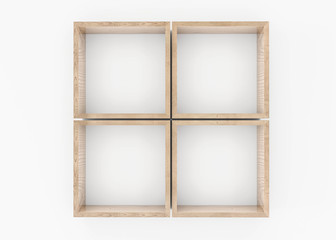 Empty brown wood plank board shelf on white wall background 3d illustration render
