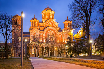 Fototapeta na wymiar Saint Mark church at night in Belgrade, Serbia
