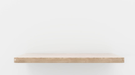 Empty brown wood plank board shelf on white wall background 3d illustration render